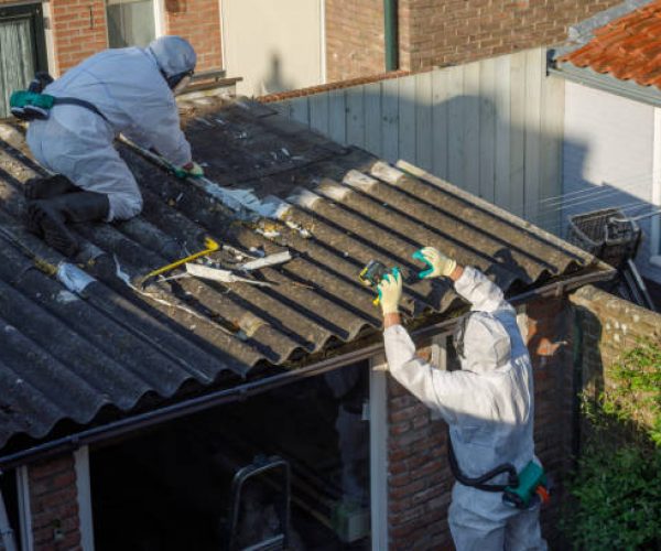 Professional asbestos removal. Men in protective suits are removing asbestos cement corrugated roofing