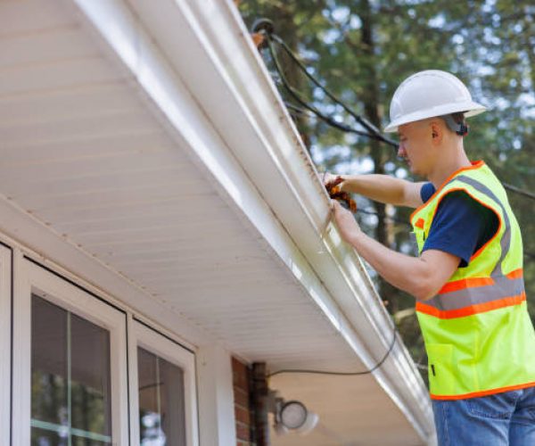 Caucasian 36-years-old worker stands on a ladder and cleans a roof gutter.