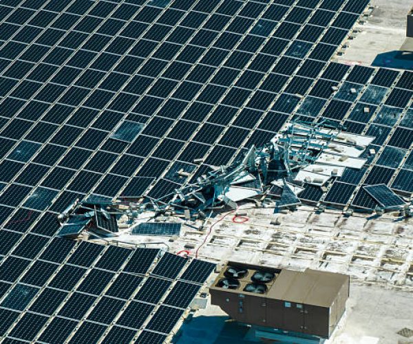 Aerial view of damaged by hurricane wind photovoltaic solar panels mounted on industrial building roof for producing green ecological electricity. Consequences of natural disaster.